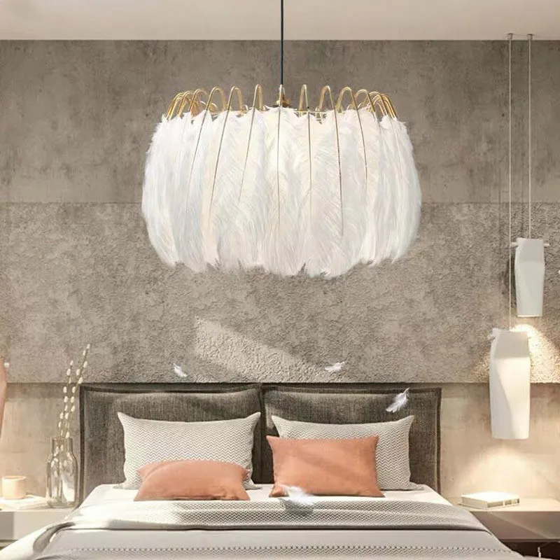 

Nordic White Feather E27 Led Pendant Light D50/60cm Plate Gold Metal Modern Bedroom Pendant Lamp White Suspend Lamp Luminarias