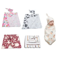 newborn swaddle wrap hat set baby pure cotton floral printing receiving blanket beanie cap for infants boys girls shower gifts
