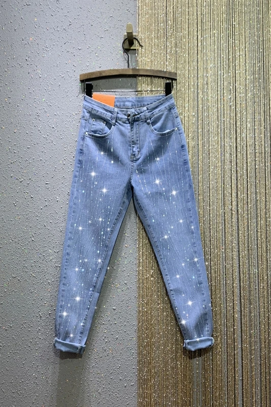 

Women's Rhinestone Jeans Spring/Summer Pants Lady High Waist Light Color Stretch Slim Fit Skinny Pants 2021 Casual Jeans Trouser