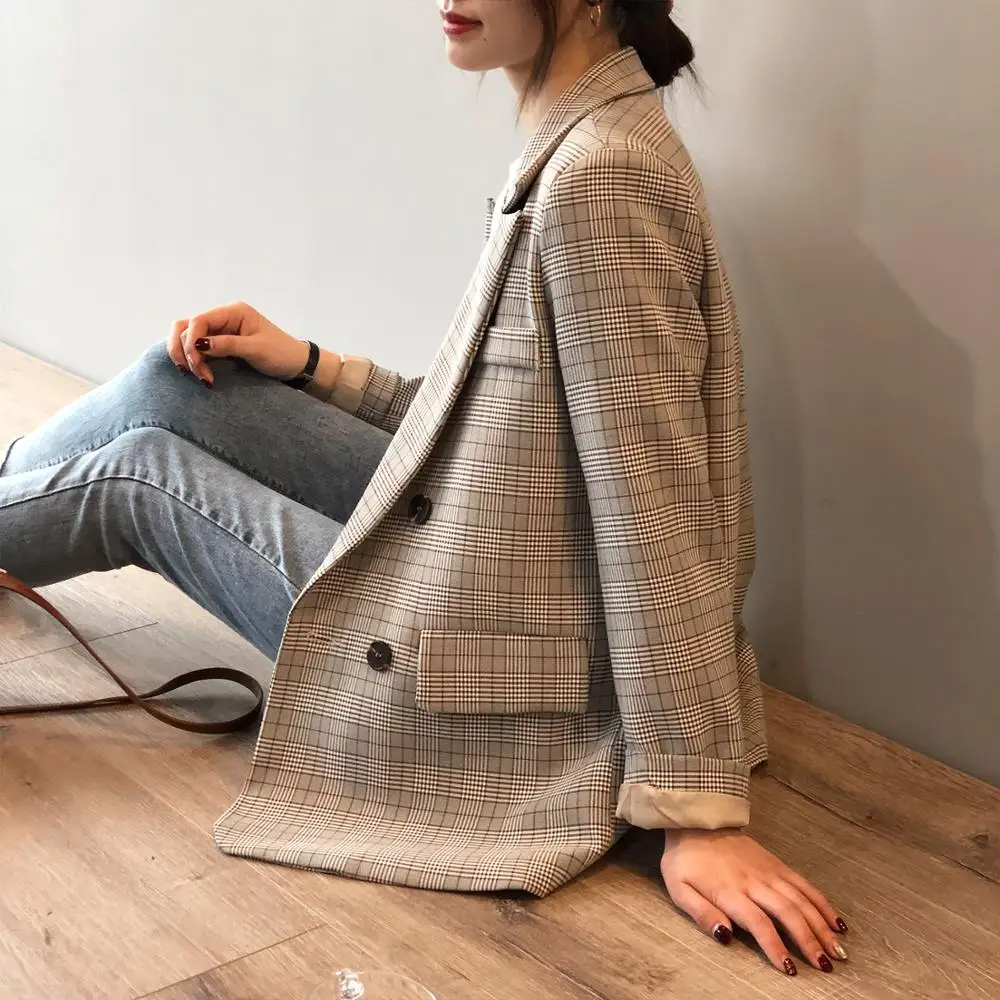 Женские куртки для женщин одежда 2019 Женская куртка винтажный клетчатый Блейзер