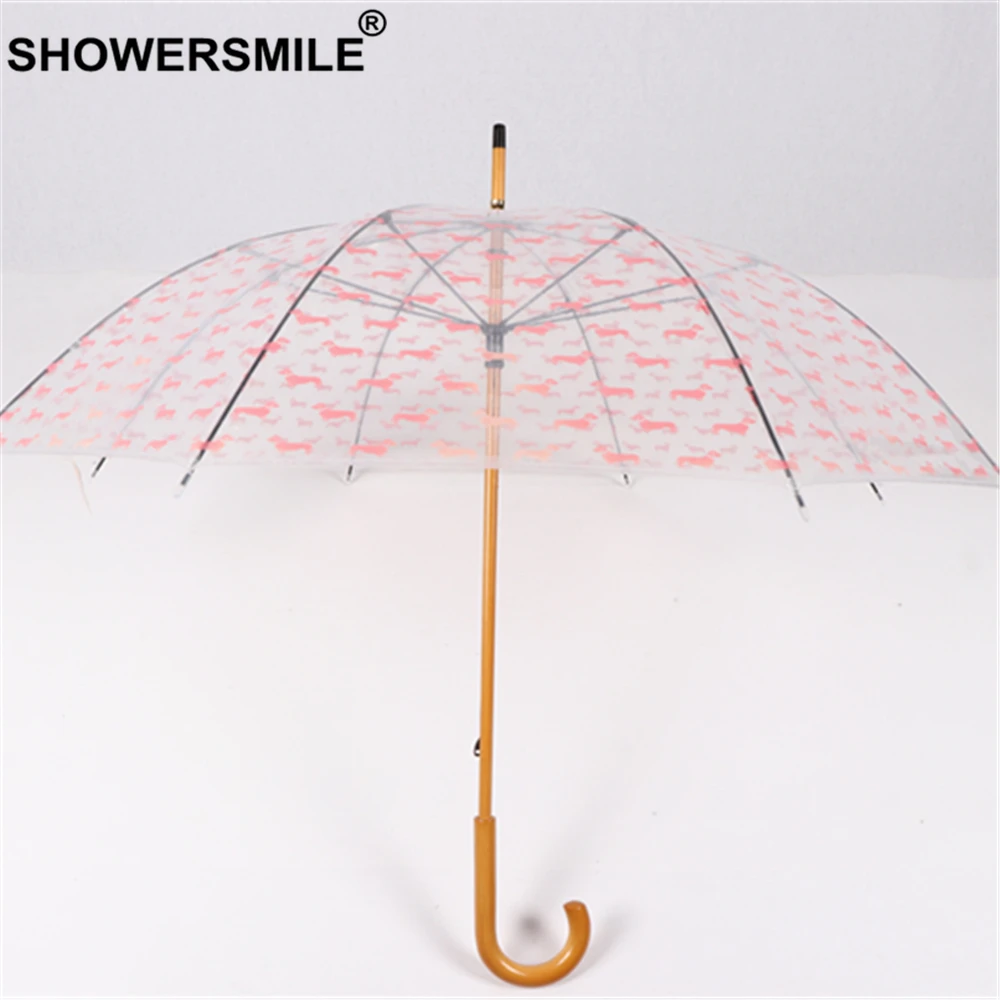 SHOWERSMILE Transparent Umbrella Rain Women Wooden Handle Parasol Dog Print Fashion Ladies Hanging Brand Adult Guarda Chuva