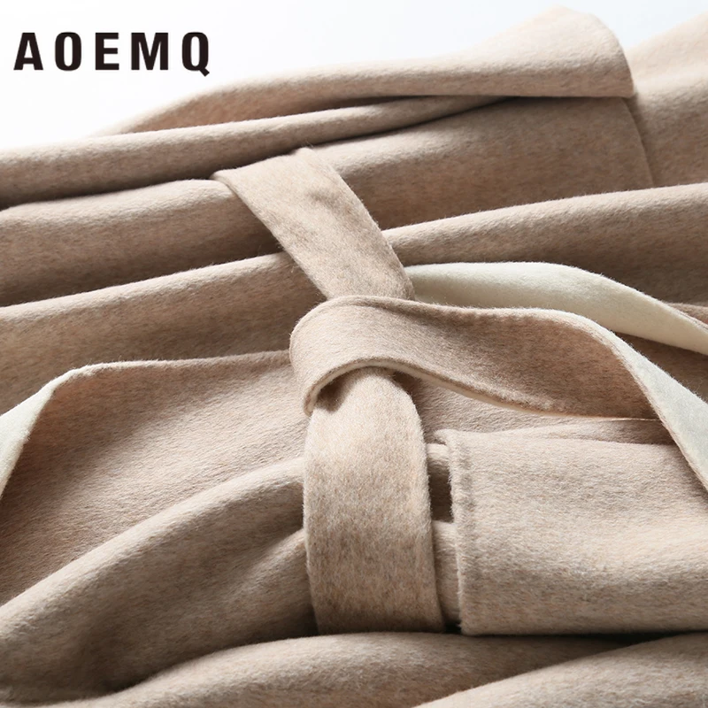 AOEMQ зимние теплые пальто дышащие бежевые однотонные на шнуровке с регулируемой