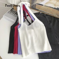 pearl diary women halter neck crop tops summer solid color sexy beach tops tied back sleeveless backless knitting tops for women