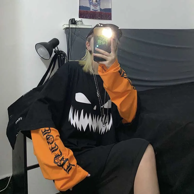NiceMix Harajuku/футболка с принтом тыквы и буквами; Поддельные 2 штуки; Лоскутная Повседневная футболка с длинными рукавами; женская и Мужская Уличная одежда; топы