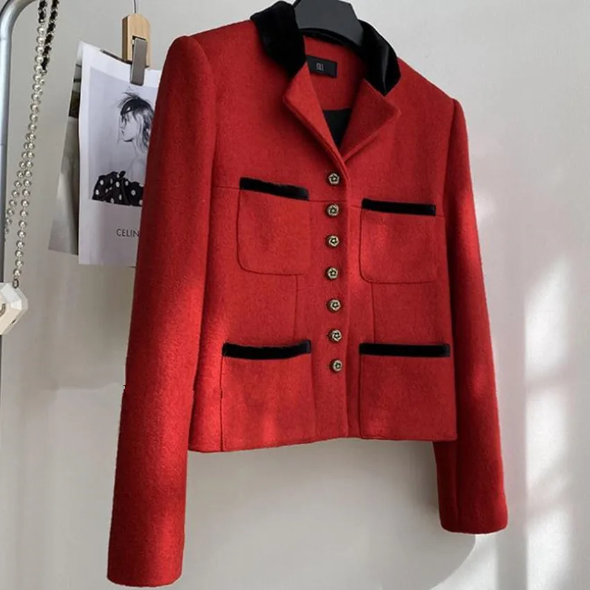 

French style autumn winter red wool short jacket women small fragrance lapel single breasted slim outwear