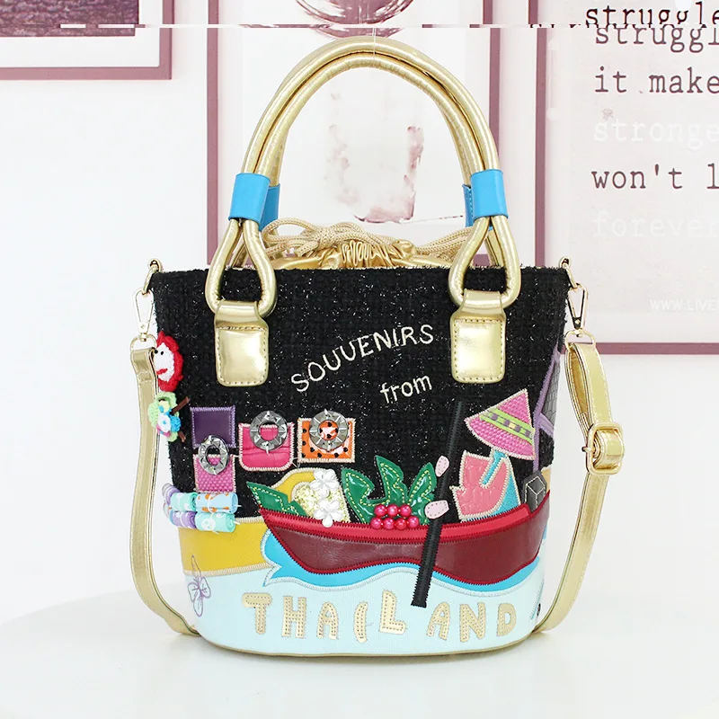Women Bags Canvas Patchwork Embroidery Handbags Girl Shoulder Bags Messenger Bag Totes Braccialini Style Thai Scenery