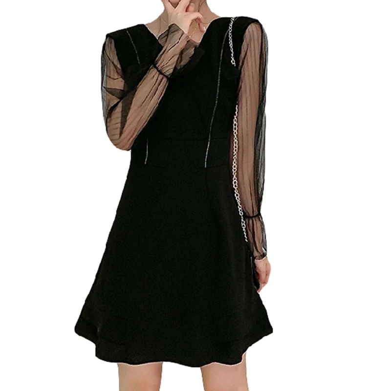 

Women's Spring Autumn Dress Korean Style The Retro Solid Color V-neck A-line Dress New Slim Hin Short Long Sleeve Dresses QX916