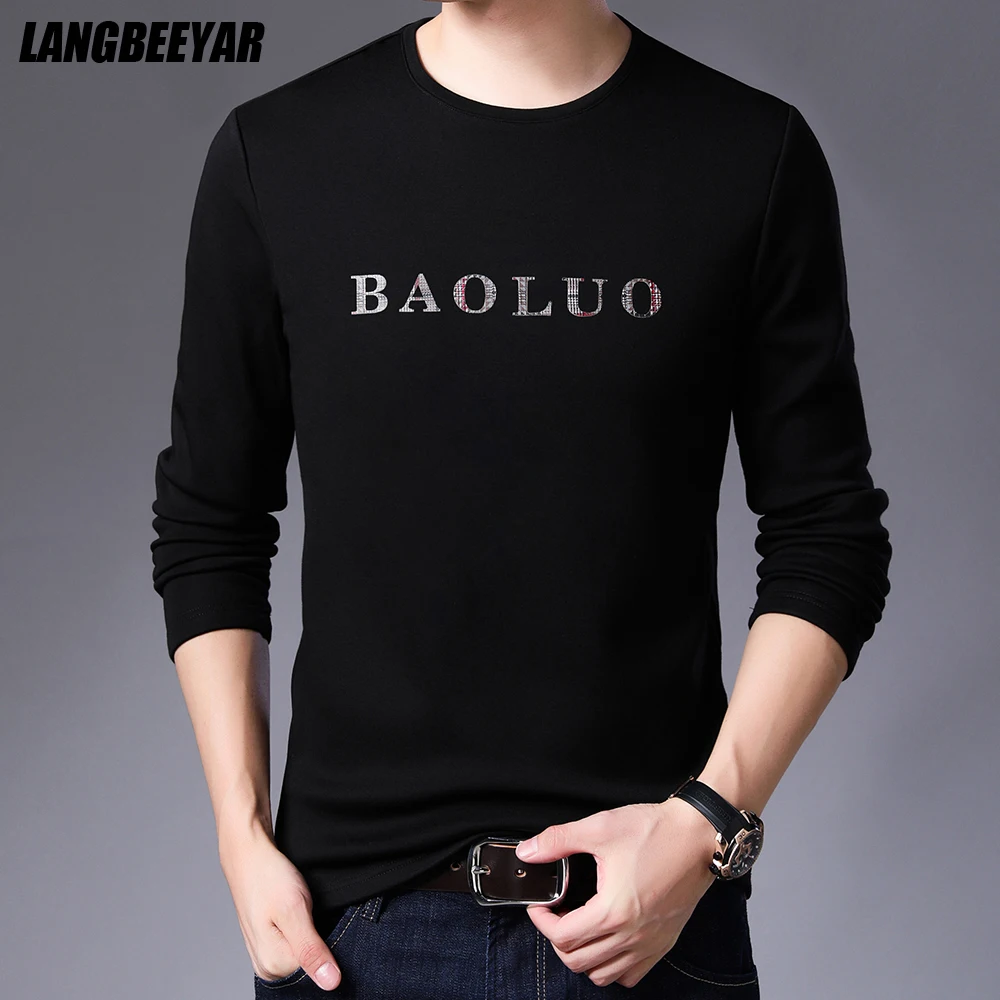 

2021 New Top Quality Fashion Brand Plain Warm O Neck Print t Shirt For Men Cotton Designer Long Sleeve Tops Casual Men Clothes