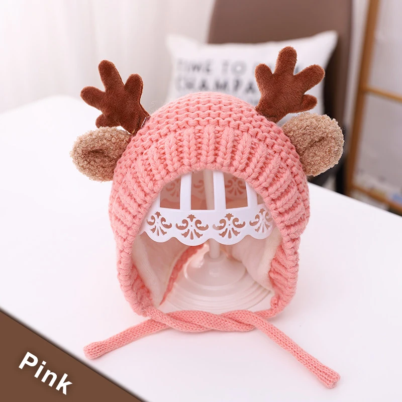 Милая детская шапка с оленем оленьими рогами зимняя теплая плюшевая Вязаная