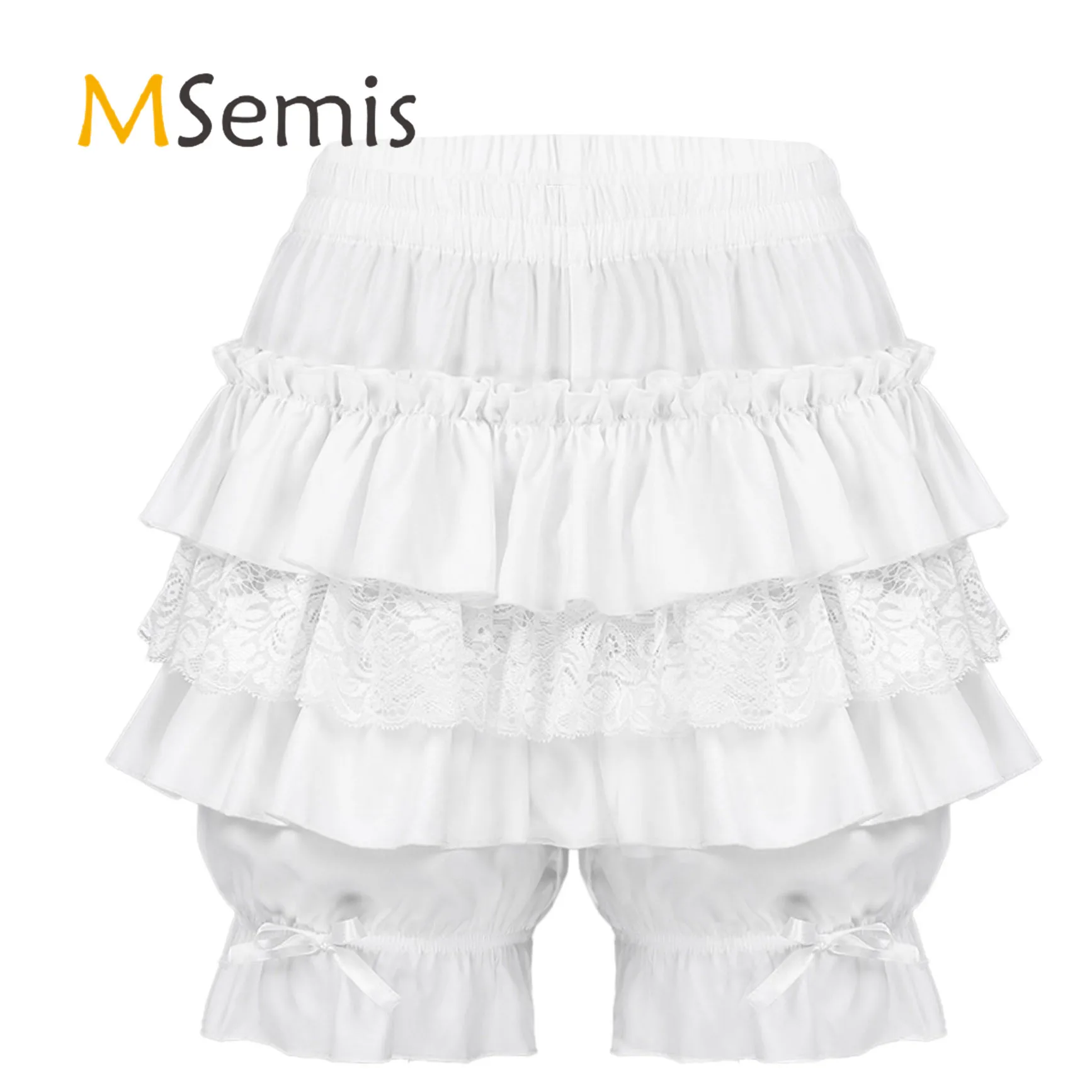 

Womens Gothic Pantaloons Lolita Shorts Layered Ruffled Lace Trim Bloomers Shorts Mid Waist Bowknot Frilly Victorian Costume