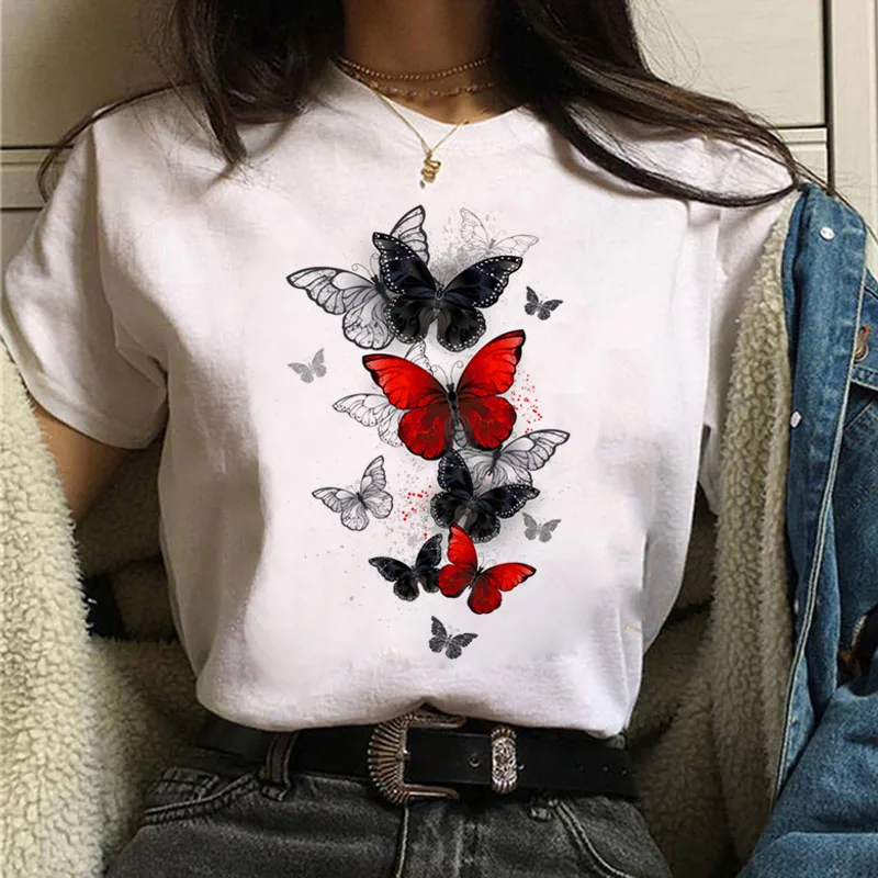 

Harajuku Women T Shirt Red and Black Butterfly Print Tshirt Heart T Shirt Female Short Sleeve Tops Tee Fashion Women T-shirts
