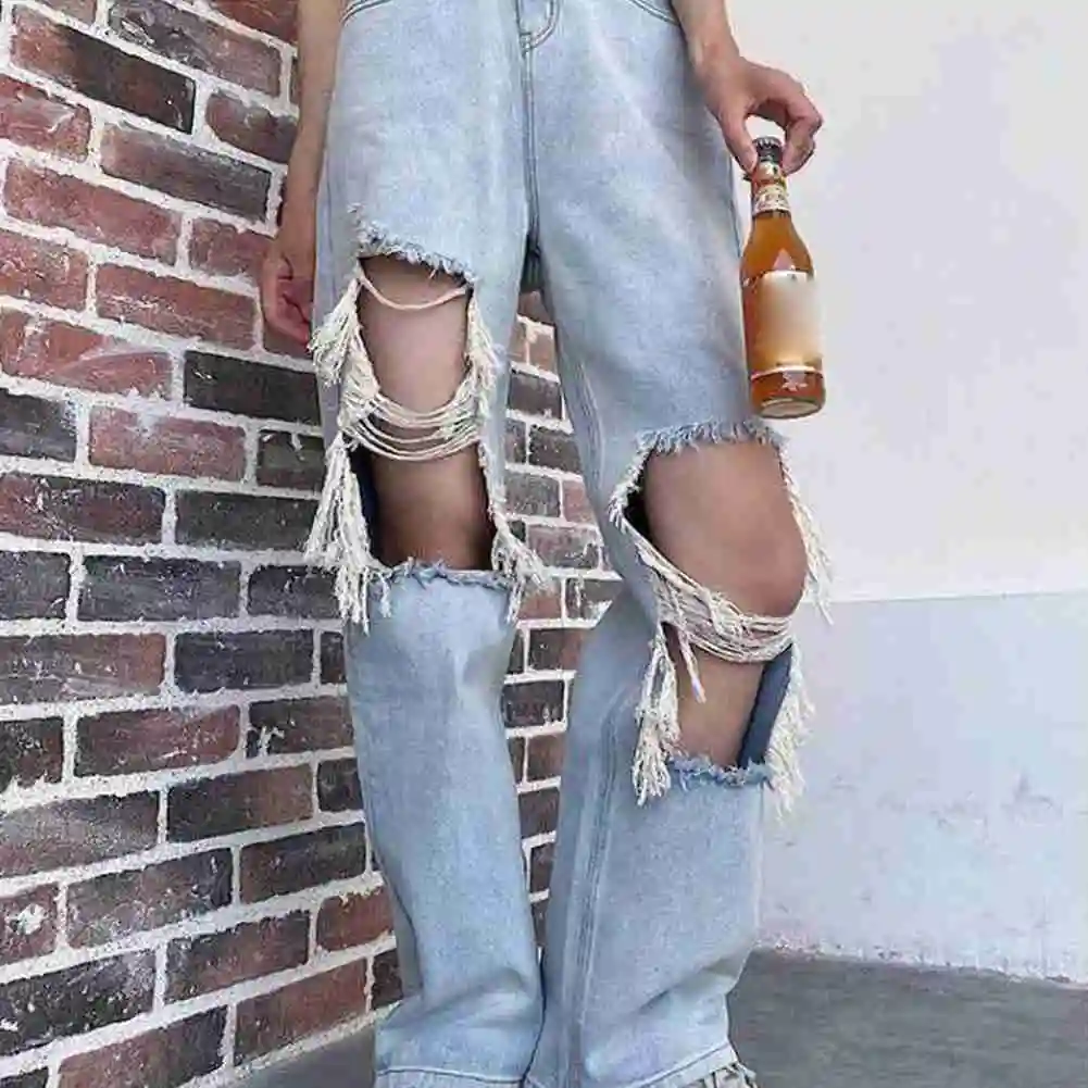 

Women's Fashion Sexy Jeans Casual Pants Big Holes Long Trousers Women Jeans Ripped Frayed Loose Denim Pants Women Clothing