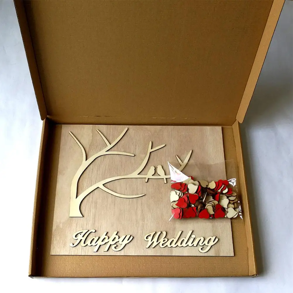 Элегантная деревянная 3d книга с красным сердцем и 2 птицами свадебная для гостей