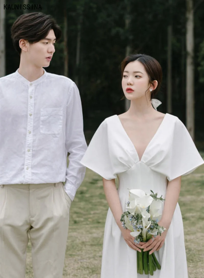 

KAUNISSINA Simple Boho Wedding Dresses Women V-neck Floor-Length White Bride Dress Elegant Bridal Gowns Vestidos robe de mariee
