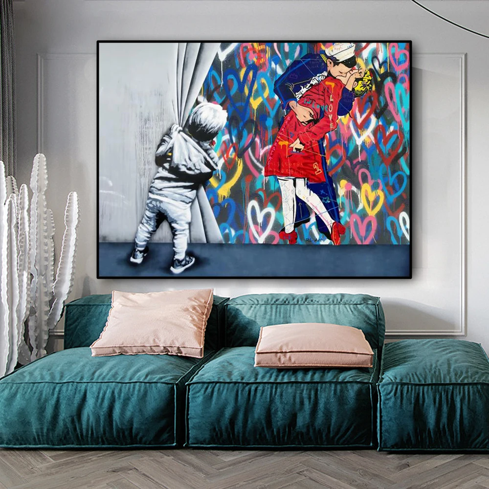 

Kids Lover Behind The Curtain Graffiti Art Paintings on the Wall Art Posters and Prints Modern Street Art Pictures Home Decor
