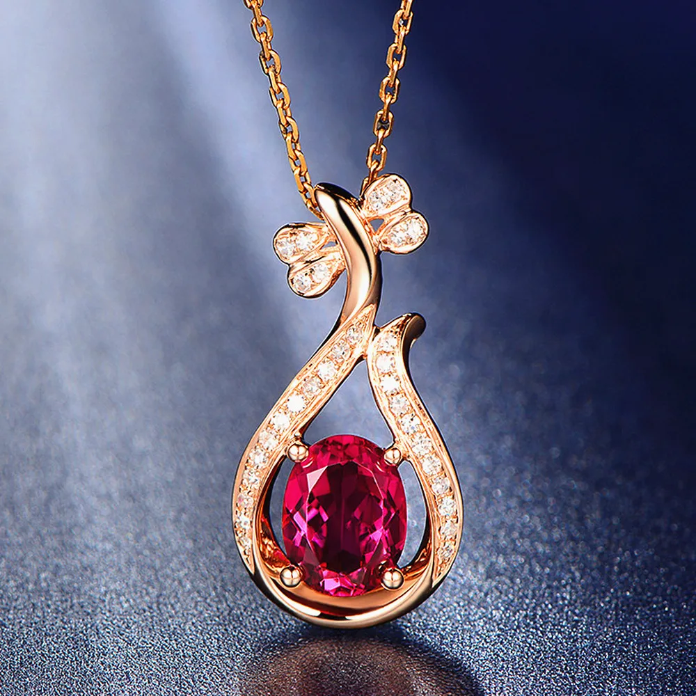 

Rose Gold Tone Red Crystal Ruby Gemstones Diamonds Pendant Necklaces For Women Jewelry Fashion Choker Chain Bijoux Accessories