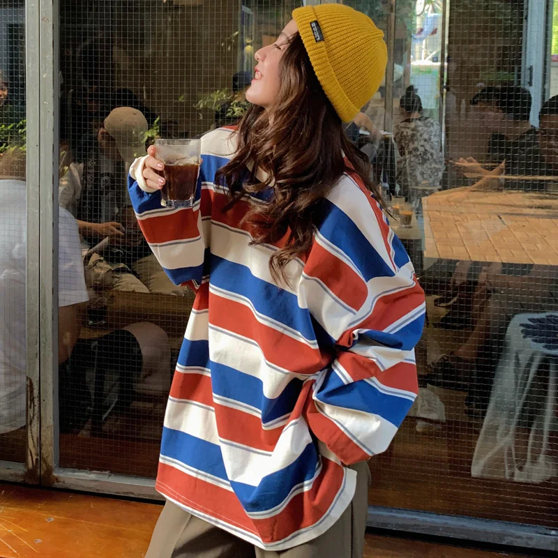 

oversize ladies hoodies and pullover striped causal Women's Clothing o-neck long sleeve Sweatshirts autumn tops harajuku