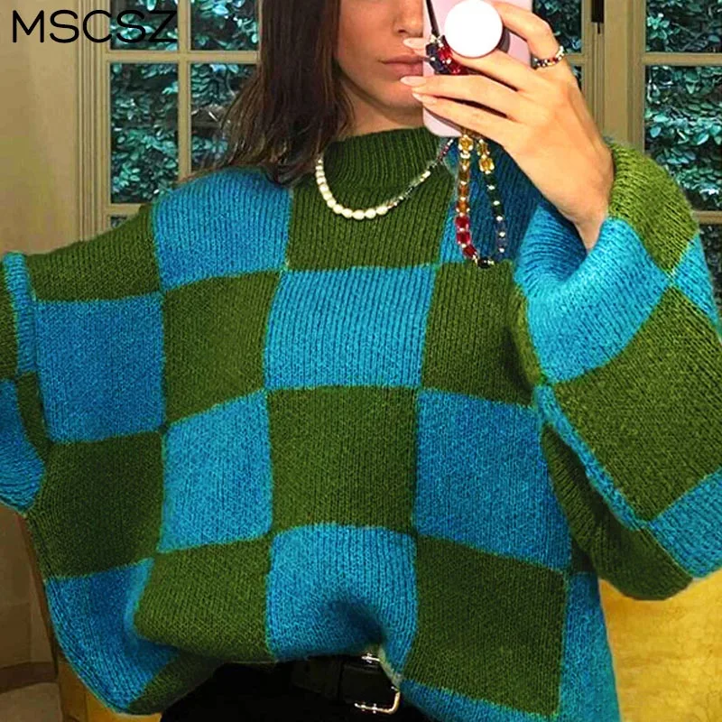 

Модный клетчатый свитер с цветными блоками, Женский Свитер оверсайз с длинным рукавом, топ Y2K, вязаный пуловер на осень-зиму, джемпер