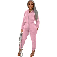 pure color hooded sportswear long sleeved sweater suit 2021 winter african womens zipper top casual trousers two piece suit