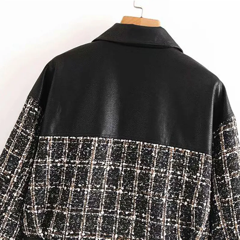 

PU Lapel Splicing Small Fragrance Single-breasted Warm Locomotive Female Jacket Korean Fashion Short Plaid Chic Female Coat Tops