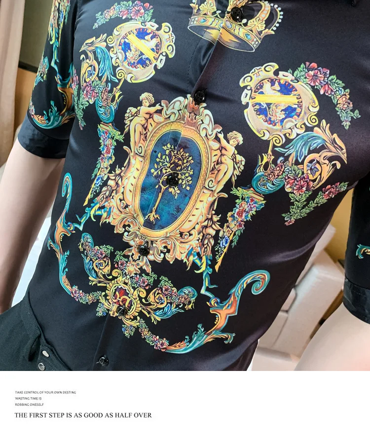 

Baroque Shirt Luxury Men Summer Half Sleeve Crown Print Dress Shirts Streetwear Social Party Casual Slim Shirt Camisa Masculina