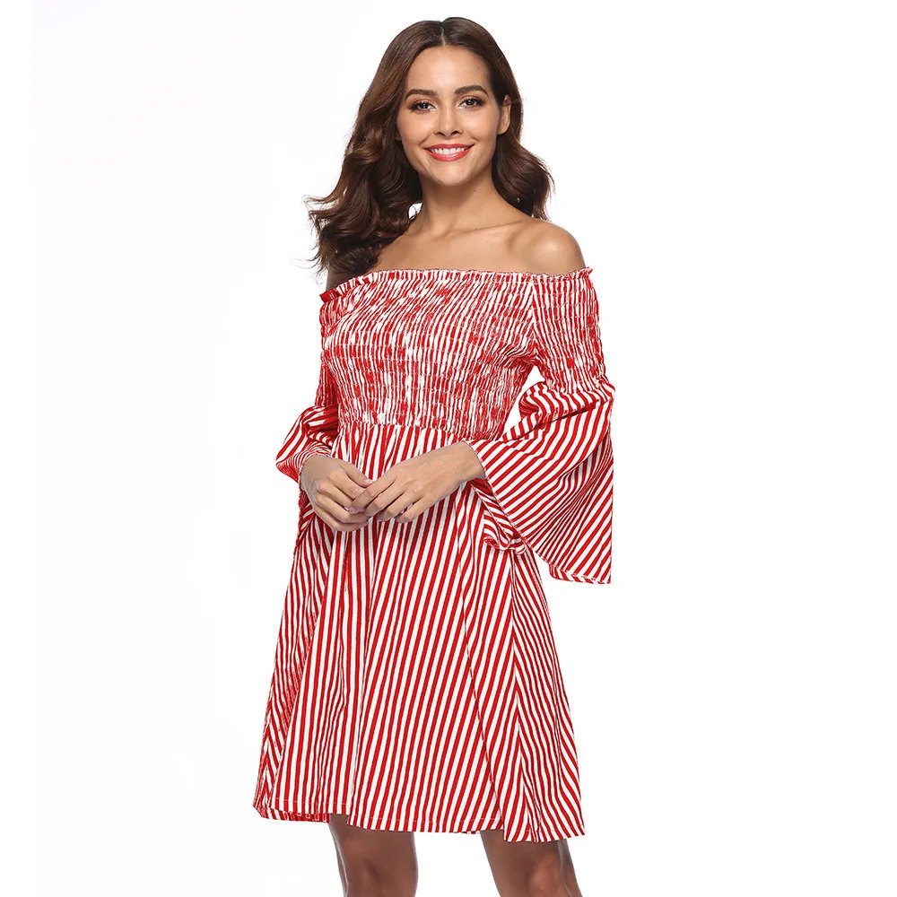 Sexy Off Shoulder Party Mini Dresses Elegant Vintage Stripe Lantern Long Sleeve Summer Holiday Style Beach Boho Dress Vestidos |
