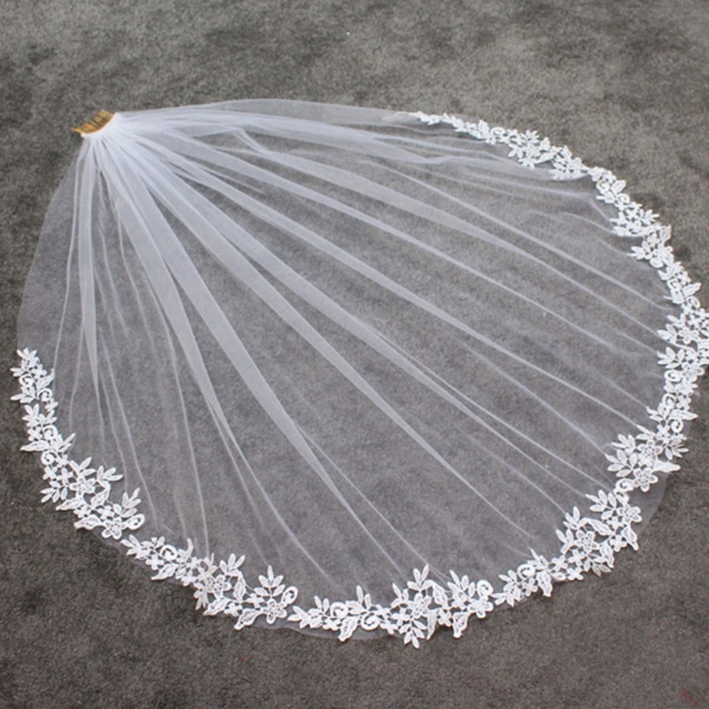 

Фата свадебная с гребнем, тюлевый аксессуар для волос, 1 слой, с кружевной аппликацией, свадебный реквизит