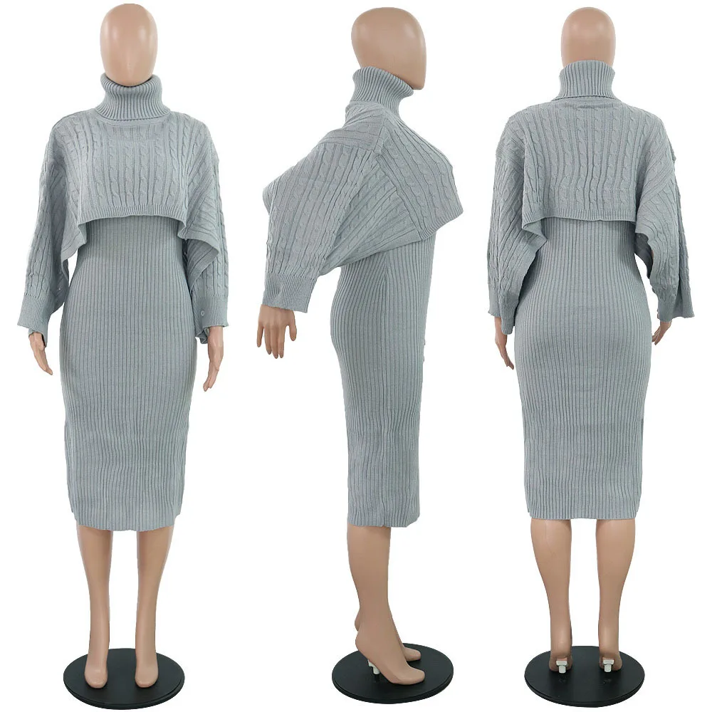 Autumn Winter Knitted Sweater Two Piece Set Turtleneck Long Sleeve Loose Crop Top+ Bandage Midi Tank Dress Plus Size Tracksuit