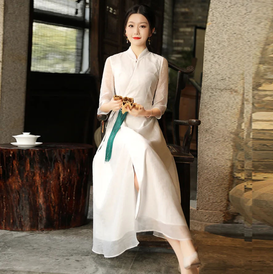 

Summer Women's Chinese Style Retro Rmbroidery Hanfu Skirt Small Stand-Up Collar Tie Waist Temperament Dress
