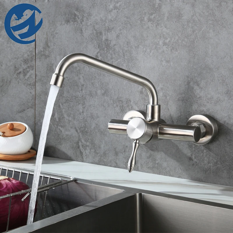 

Кухонный настенный смеситель из нержавеющей стали 304, вращающийся кран для горячей и холодной раковины с двойным отверстием, смеситель для ...