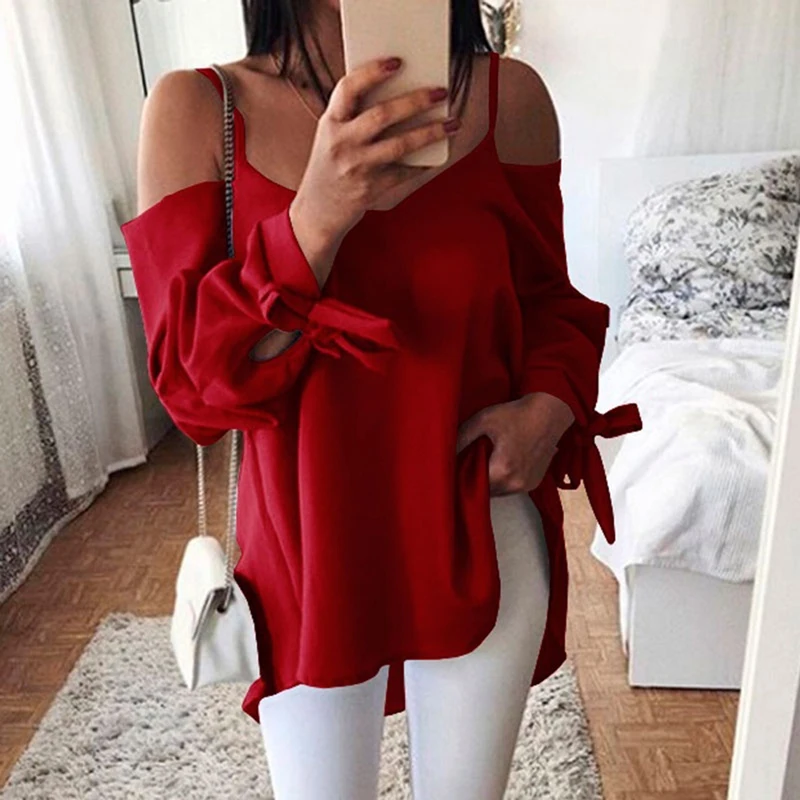 

Women Blouses Spring Autumn New Sexy Cuff Knot Sling V-neck Women Loose Long Sleeve Shirt Top Blouse Clothes