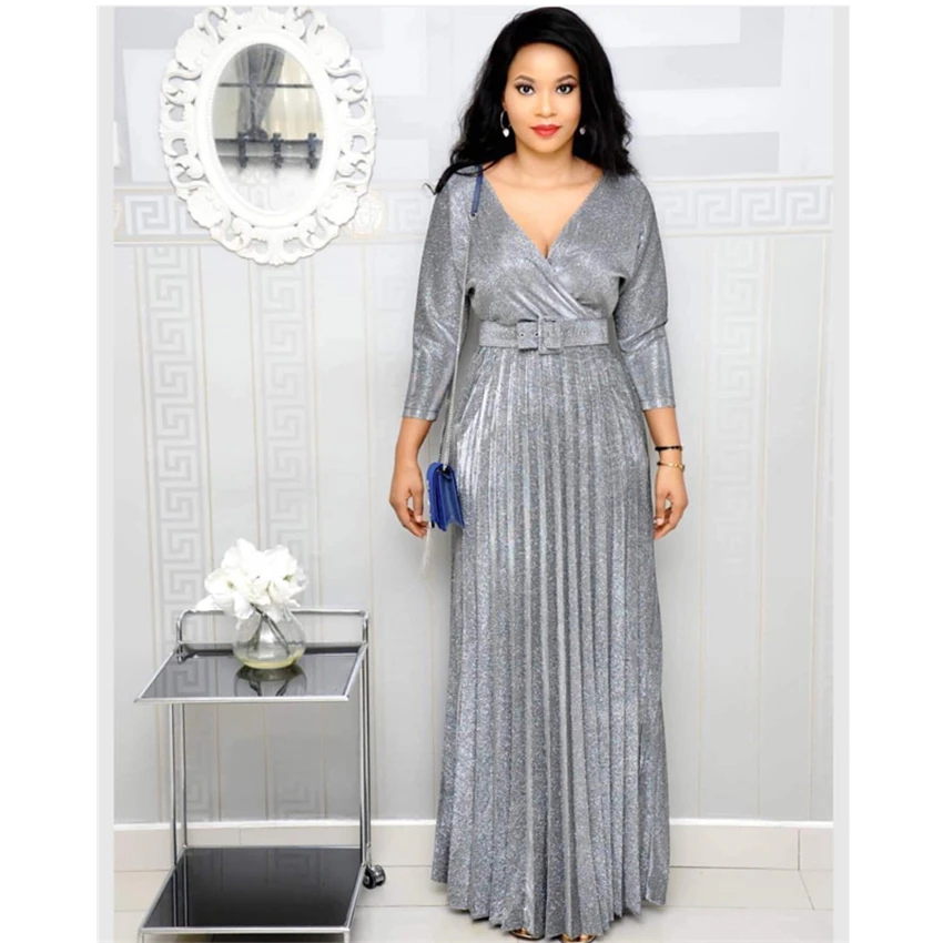 New Elegant Woman Gold Stamping African Dashiki Office Lady Fashion Pleated Evening Dress with Belt Long Sleeve Party Maxi