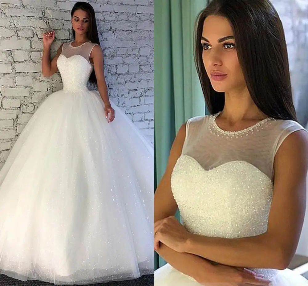 

2020 Shining Sequin Tulle Jewel Neck Ball Gown Dress for Wedding Party Beadings Sleevelss Bridal Gowns vestido de festa longo