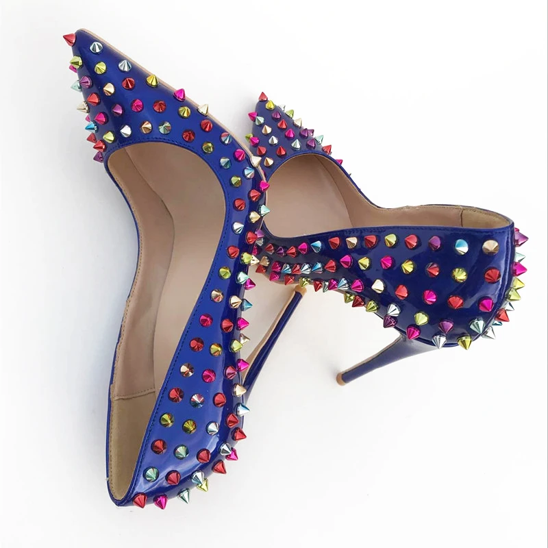 

Fashion free shipping blue Patent Leather spikes Poined Toes Stiletto Heel high heel shoe pump HIGH-HEELED SHOES dress shoe