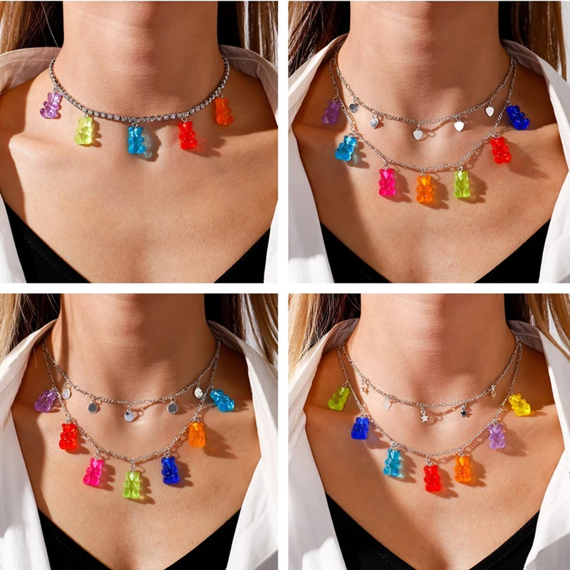 

Candy Color Stars Hearts Mini Bear Necklaces for Women Cute Cartoon Animal Pendants Necklace Silver Chain Jewelry Femme Collar
