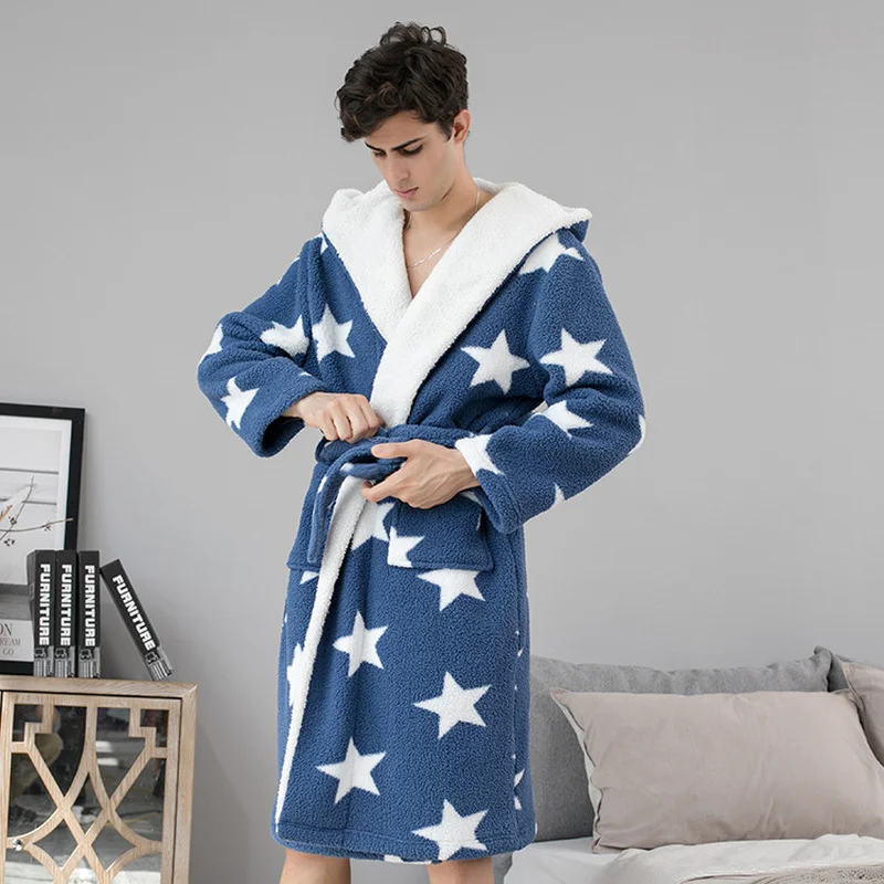 Плюшевый бархатный теплый халат для мужчин и женщин, Длинные пижамы, коралловый флис, длинный халат с капюшоном, зимний утепленный фланелев... от AliExpress RU&CIS NEW
