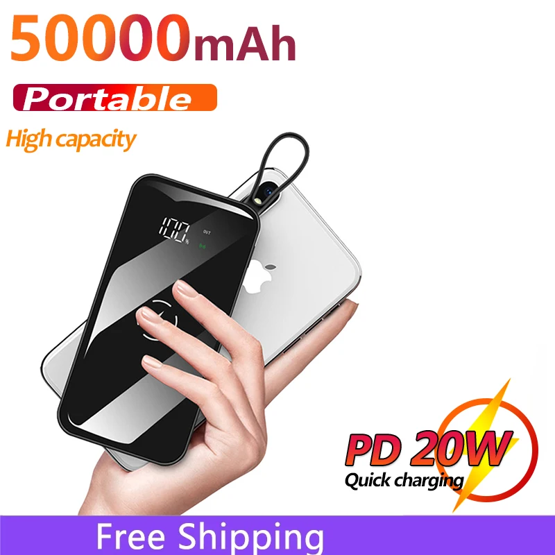 

50000mAh Power Bank Mirror Screen Portable Powerbank Led Flashlight LCD Digital Display Fast Charging External Battery Charger