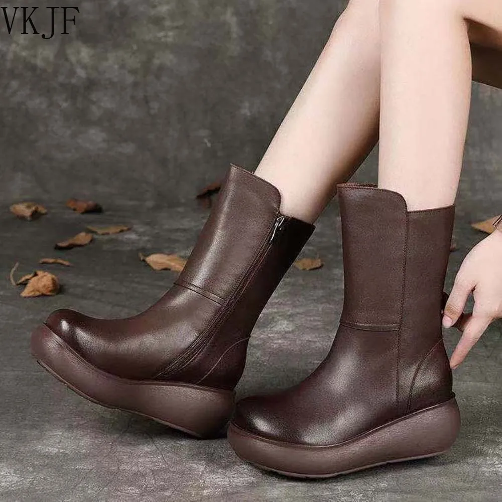 

Women's Boots Autumn and Winter New Style Casual Retro Women's Boots Popular Round Toe Thick-soled Comfortable Mid-tube Boots