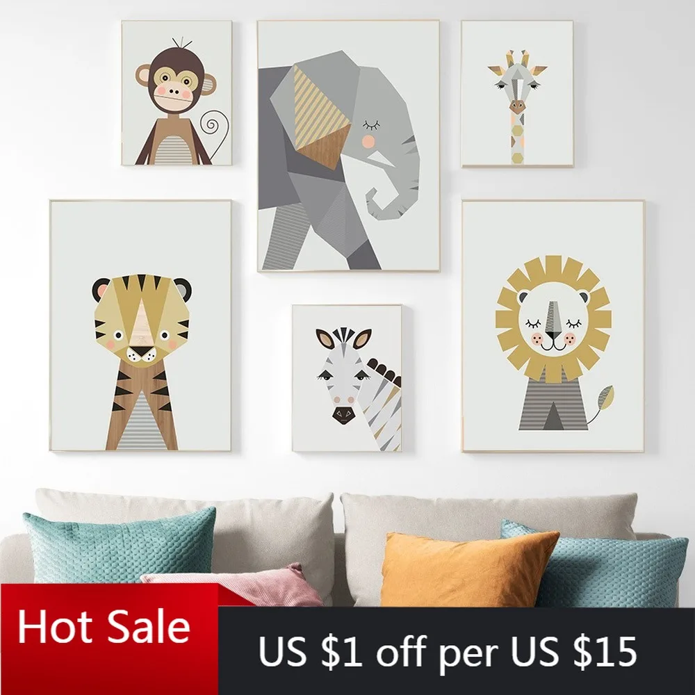 Мультяшные Геометрические Животные холст живопись милый слон Лев тигр настенные