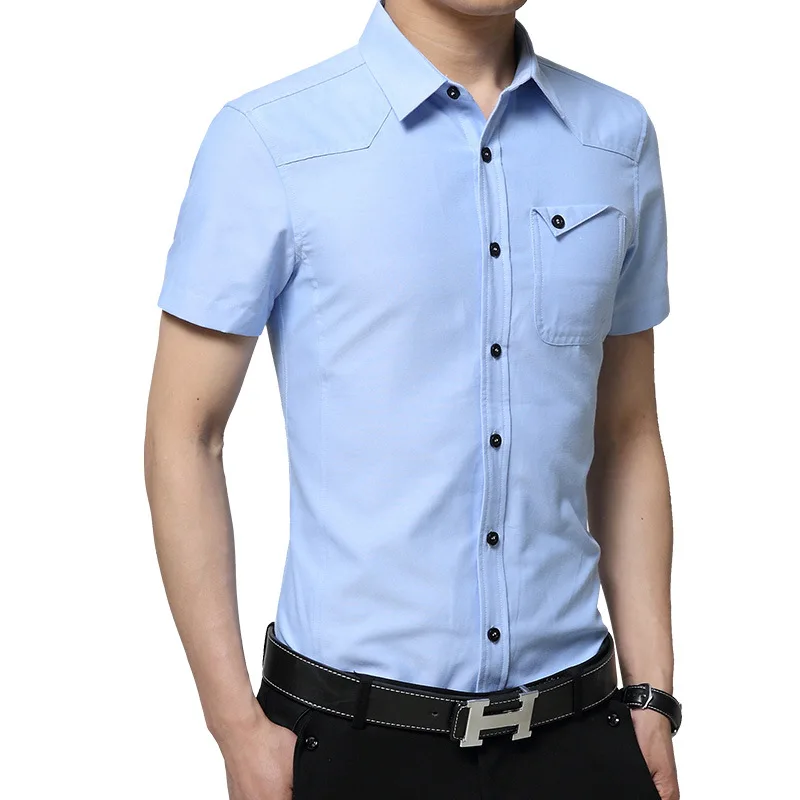 

Men's Shirts 2021 Simple Formal Pocket Mandarin Collar Solid Men Shirt Short Sleeve Black Shirts Pink Casual Slim Shirts Summer