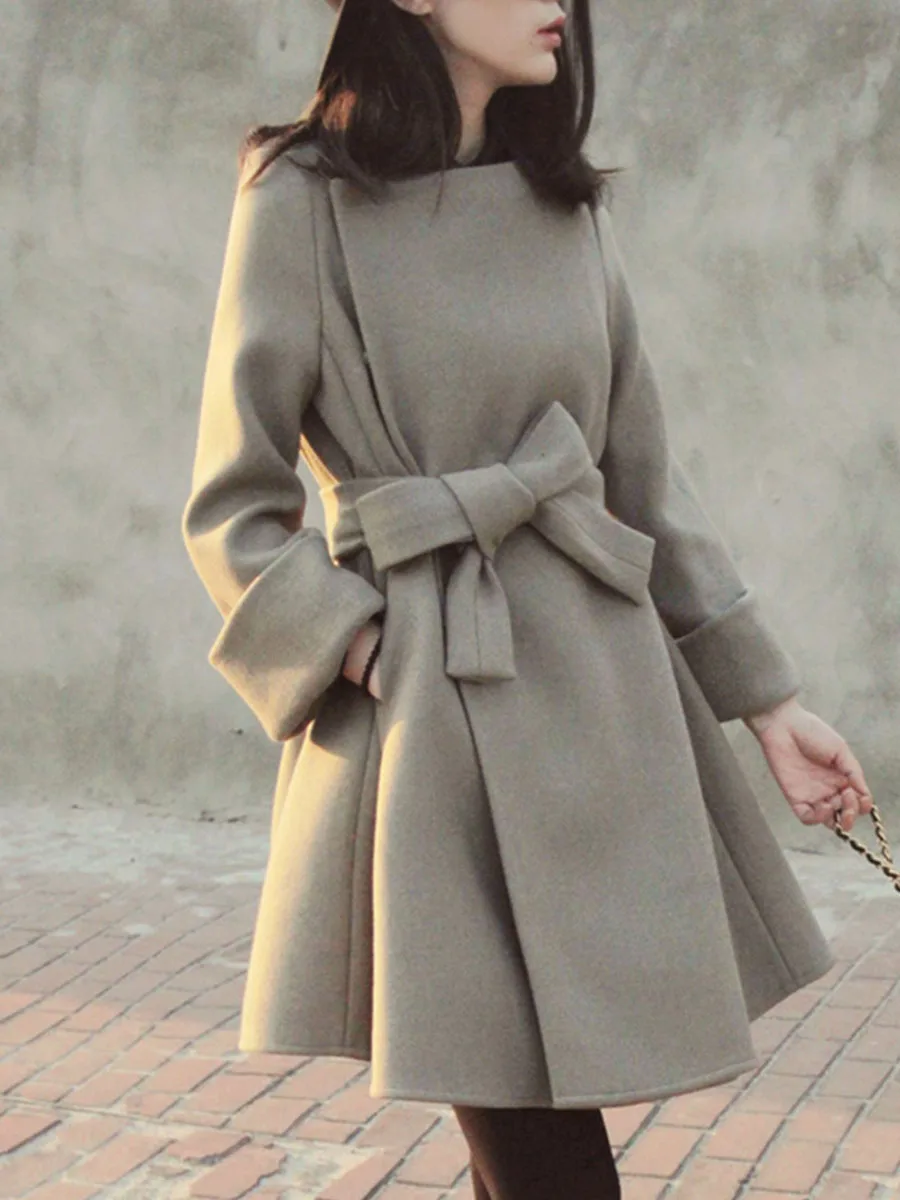

Winter Women Wool Blend Blue Warm Fashion Overcoat Pullover Top Adjustable Belt Bow Pocket Pretty Girl Office Lady 2021 Autumn