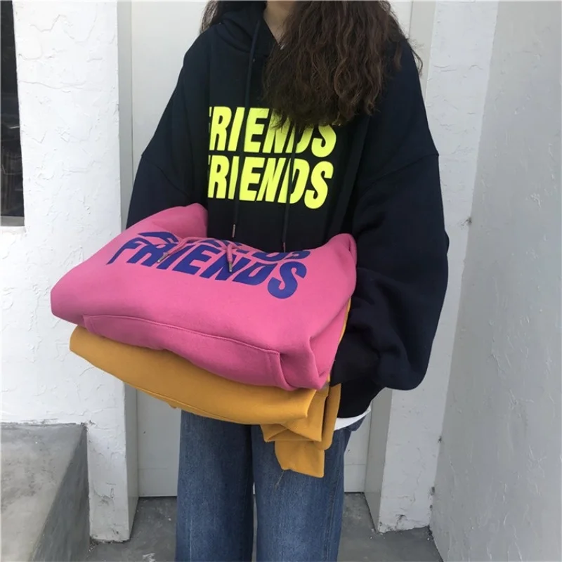 

Korean Autumn and Winter 2021 New Hooded Plush Printed Letter Long Sleeve Sweater Loose and Thin Top