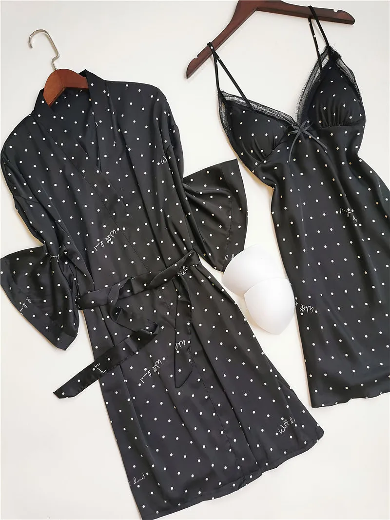 

Fdfklak Spring Summer 2 Pieces Pijama Feminino Sexy Night Dress Lounge Set Silk Robe Sleepwear Pink/Black Dot bathrobe