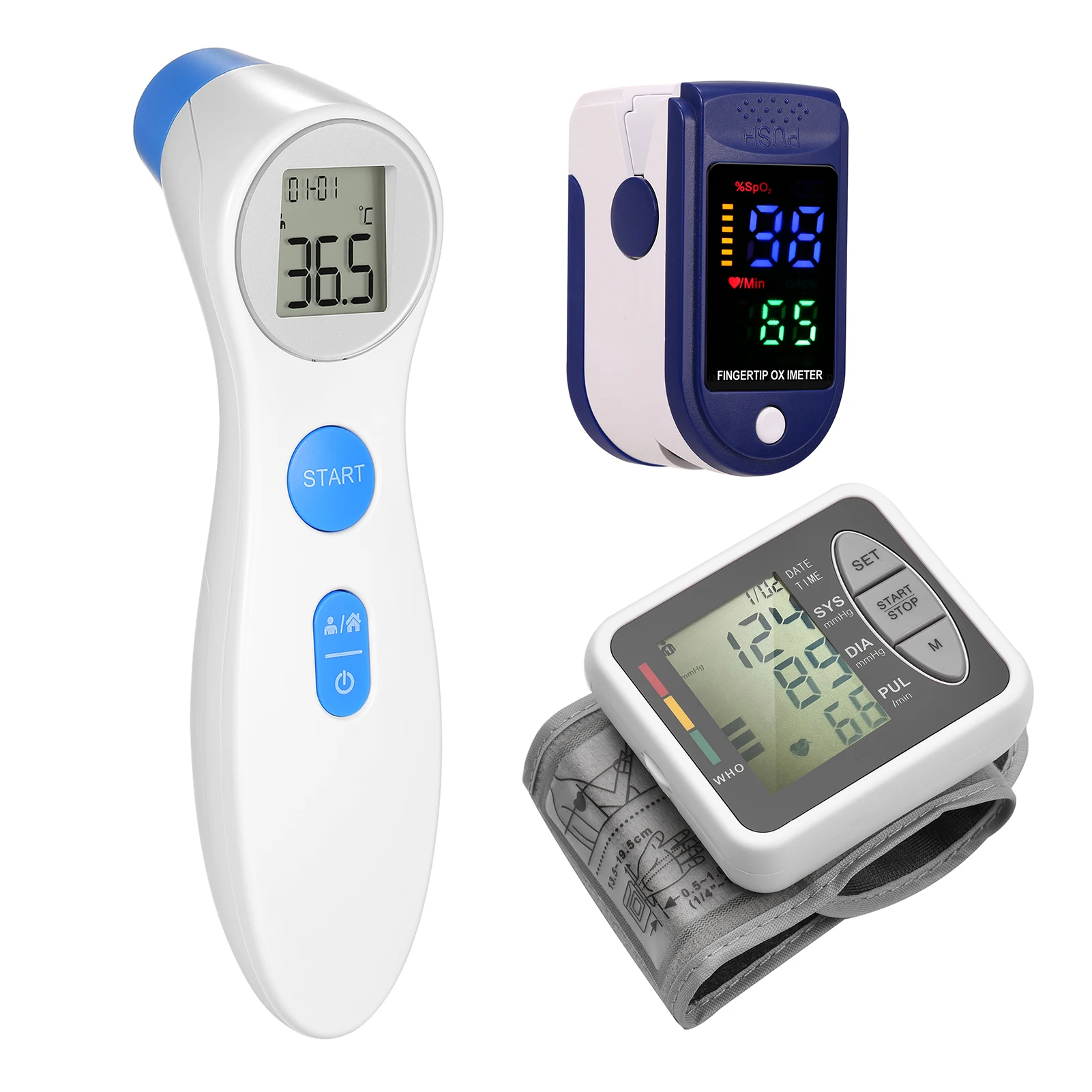 

Arm Blood Pressure Monitors Cuff Tonometer Heart Rate Monitor Digital Infrared Thermometer Professional Finger Pulse Oximeter