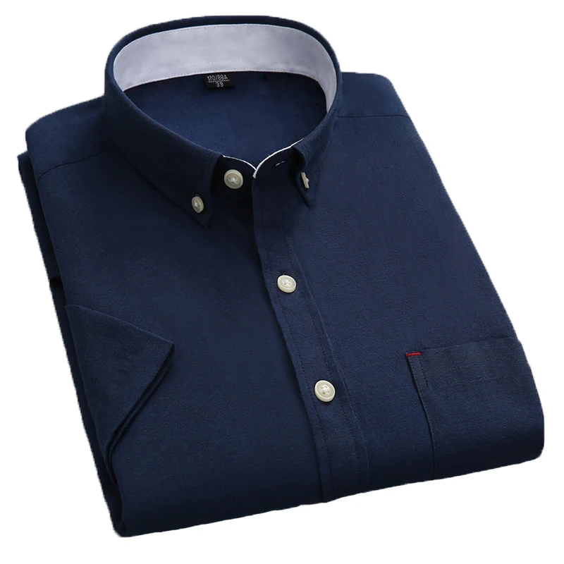 

AOLIWEN Men 50% Cotton Navy Oxford Solid Color Short Sleeve Shirt 2021New Summer Casual Thin Breathable Antibacterial Slim Shirt