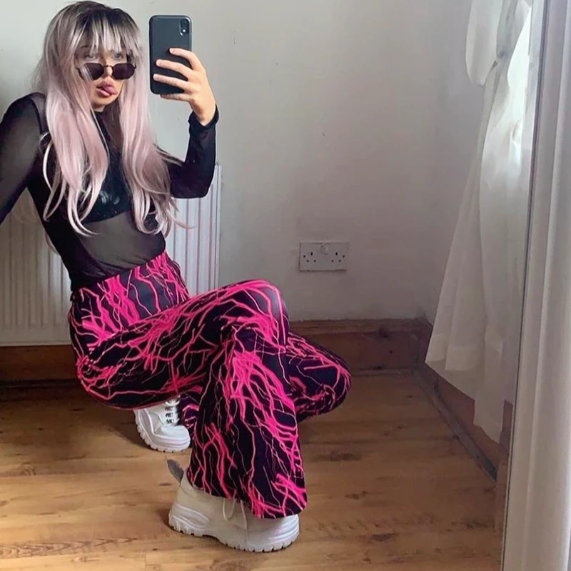 

Mos Summer Women's Trouser Suits 2021 New Strapless Sexy Print Slim Hipster High Street Rosy Red Flare Pants Y2k