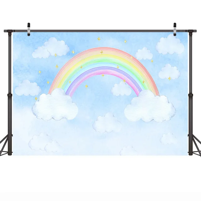 

Rainbow Blue Sky White Clouds Photo Background Glitter Star Newborn Kids 1st Birthday Party Portrait Photography Background Prop