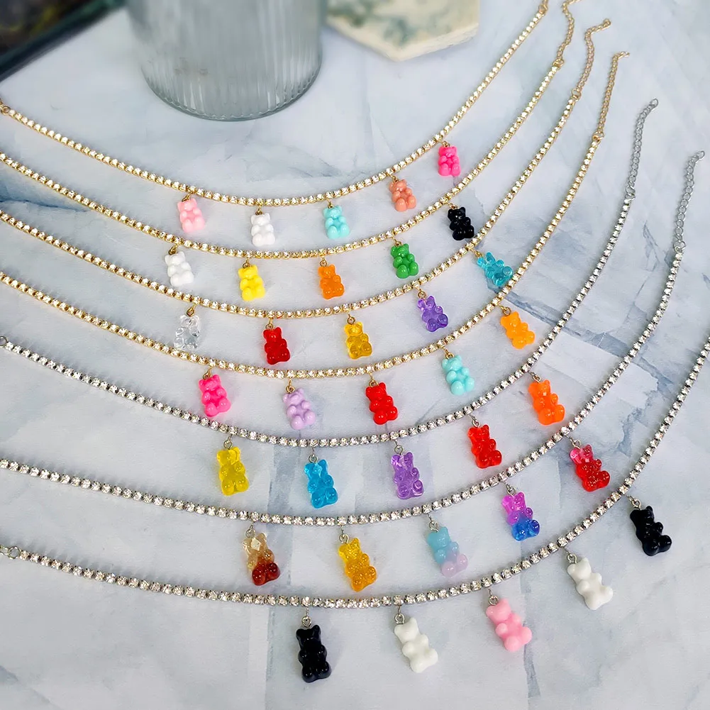 

Flatfoosie Korean Candy Color 5 Bear Gummy Crystal Necklace for Women Bling Rhinestone Chain Necklace Choker Fashion New Jewelry
