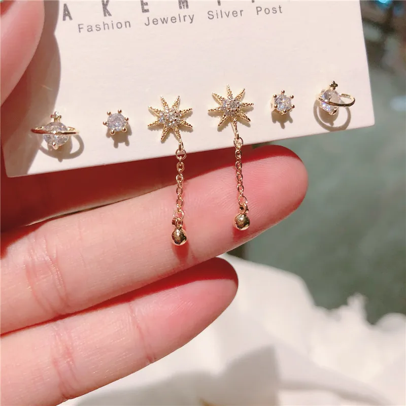 

2021 Korean Style Eight-Pointed Star Long Chain Earrings Micro-Inlaid Zircon Earrings 6-Piece Set For Women Exquisite Jewelry