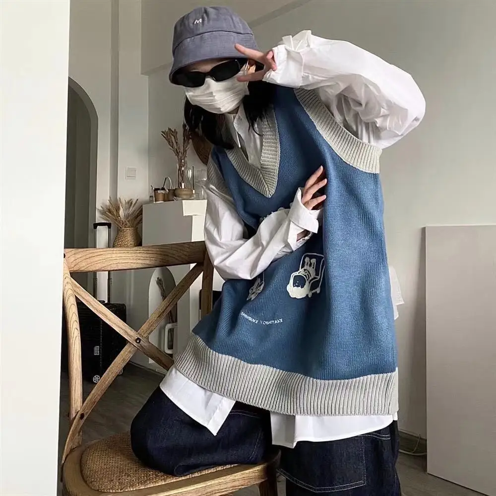 

Cartoon Knit Sweater Vest Preppy Style V-necked Striped Sleeveless Jumper Pullover Oversized Japan Harajuku Streetwear